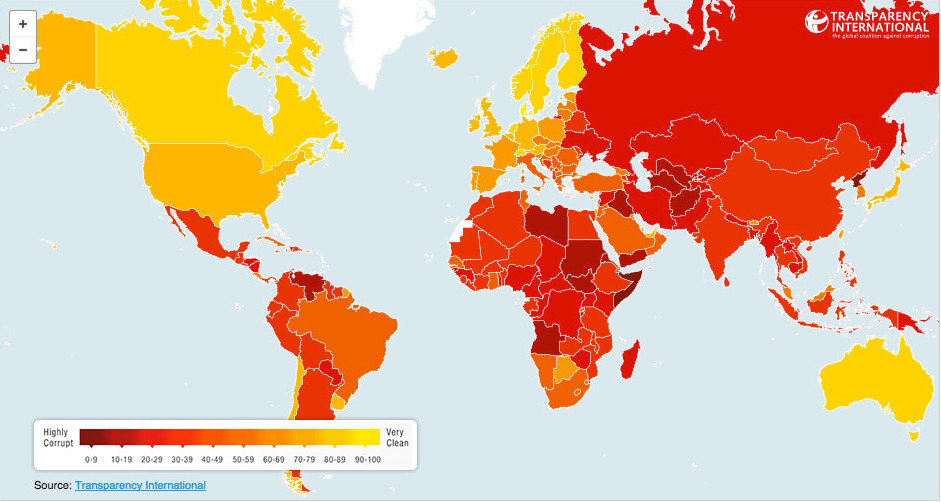 Weltkarte, Copyright © Transparency International, Quelle http://www.transparency.org/cpi2014/results